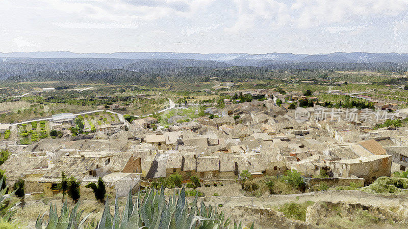 整个村庄的风景La Fresnada, Matarraña，特鲁埃尔，西班牙，水彩画”n